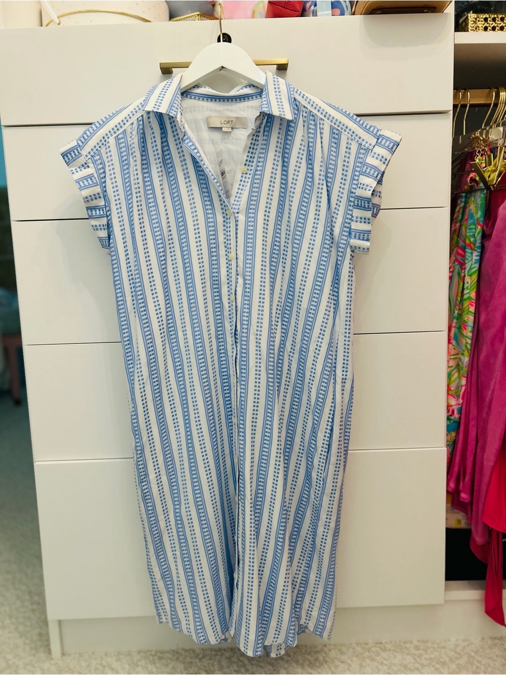 LOFT Light Blue and White Striped Shirt Dress
